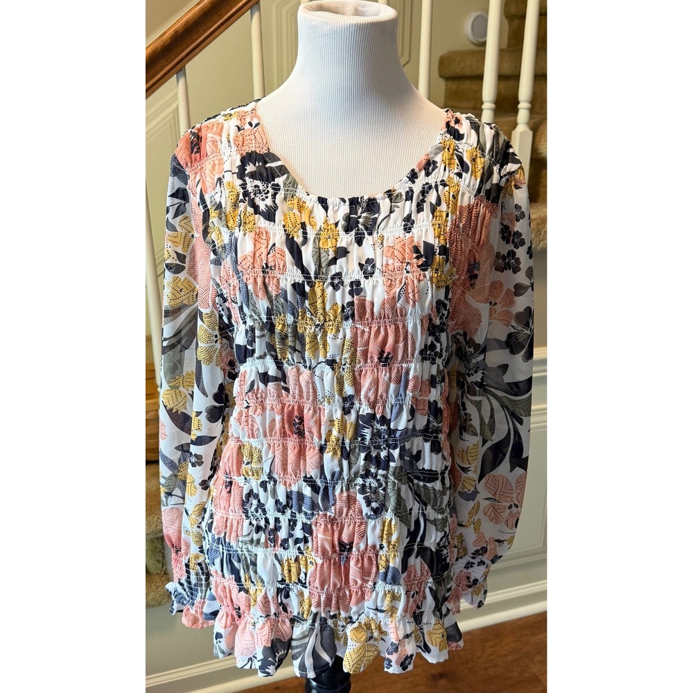 Maurices Womens 1X Floral Smocked Long Sleeve Blouse Multicolor Ruffle Hem Top